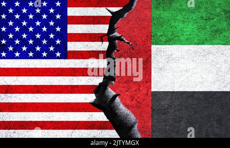 USA vs UAE bandiere su un muro con una crepa. Emirati Arabi Uniti e Stati Uniti d'America conflitto politico, crisi di guerra, economia, relazioni Foto Stock