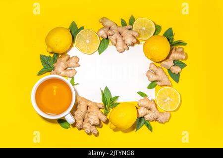 Sano organico vegano immunità booster, bevanda a base di erbe. Tè antiossidante antinfiammatorio allo zenzero al limone con ingredienti - zenzero fresco, limone, menta, bri Foto Stock