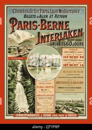 Poster di viaggio PLM vintage 1900s Parigi-Berna-Interlaken PLM circa 1900 Foto Stock