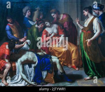 La morte di Cleopatra - Pittura di Alessandro Turchi, Scuola d'Italia, Museo del Louvre, Parigi, Francia - AGOSTO 2019 Foto Stock