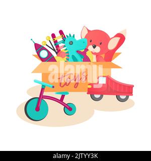 Scatola dei giocattoli, piena di giocattoli per bambini tra cui volpe, palla, auto, razzo, dinosauro, bicicletta. Cartoon con illustrazione vettoriale. Illustrazione Vettoriale