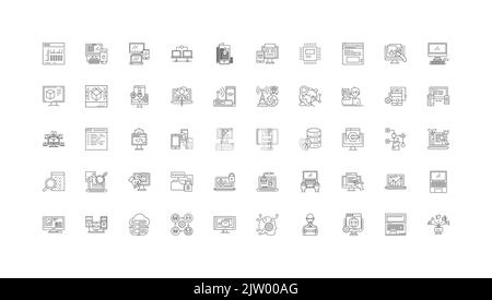 Illustrazione del concetto software, icone lineari, set di segni lineari, collezione vettoriale Illustrazione Vettoriale