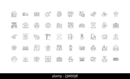 Illustrazione del concetto della catena di fornitura, icone lineari, set di segni di linea, raccolta di vettori Illustrazione Vettoriale