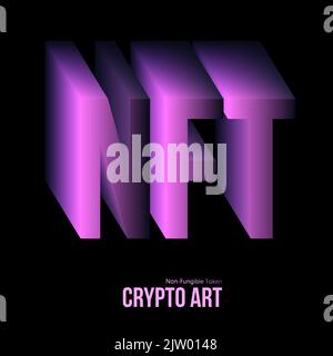 Abbreviazione viola testo NFT di un'illustrazione 3D non fungibile token crypto art su sfondo nero. Criptovaluta vettoriale Illustrazione Vettoriale