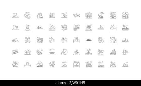 Paesaggi, icone lineari, set di segni lineari, collezione vettoriale Illustrazione Vettoriale