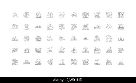 Architettura paesaggistica, icone lineari, set di segni lineari, collezione vettoriale Illustrazione Vettoriale