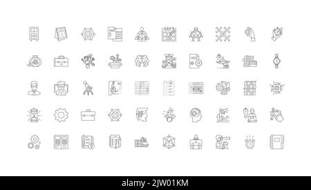 Illustrazione del concetto di organizzazione, icone lineari, set di segni di linea, raccolta di vettori Illustrazione Vettoriale