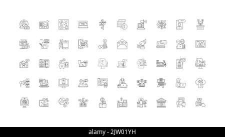Illustrazione del concetto di servizi finanziari, icone lineari, set di segni lineari, raccolta di vettori Illustrazione Vettoriale