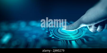 Uomo d'affari che utilizza la scansione delle impronte digitali. La scansione delle impronte digitali consente l'accesso con l'identificazione biometrica sulla convergenza digitale. Tecnologia, sicurezza. Foto Stock