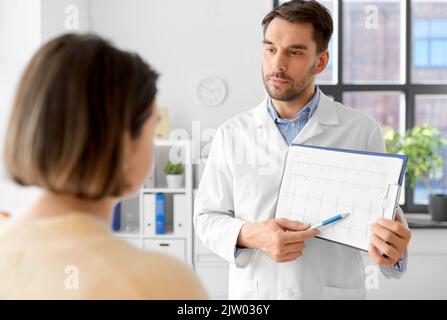 medico che mostra il cardiogramma a una donna in ospedale Foto Stock