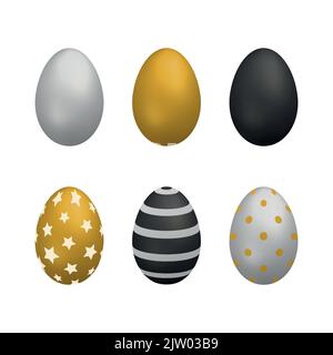 Set di uova realistiche metalliche dipinte per Pasqua isolate su sfondo bianco. Illustrazione Vettoriale