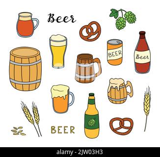 Set di birra colorata disegnata a mano in tazza, bottiglia, lattina e barile di legno isolato su sfondo bianco. Illustrazione Vettoriale