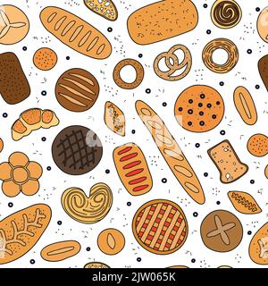 Motivo senza cuciture con pane da forno colorato, bagel, panini e dolci. Illustrazione Vettoriale