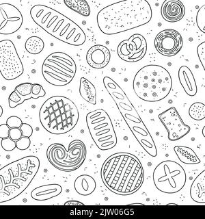 Motivo bianco e nero senza cuciture con contorno disegnato a mano per la cottura di pane, bagel, ciambelle, pasticcini. Illustrazione Vettoriale