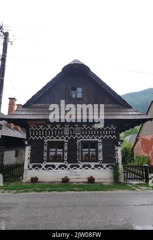 Belle case dipinte in legno nello storico villaggio slovacco di Cicmany, in Slovacchia, Europa centrale Foto Stock