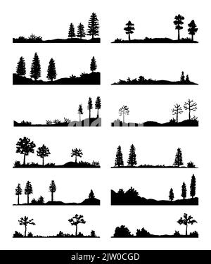 Set di silhouette di paesaggio boschivo dipinte a mano con alberi, pini e cespugli isolati su sfondo bianco. Illustrazione Vettoriale