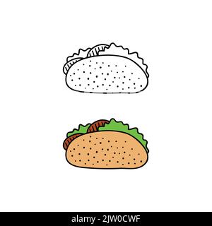 Disegnato a mano colorato e contorno taco isolato su sfondo bianco. Illustrazione Vettoriale