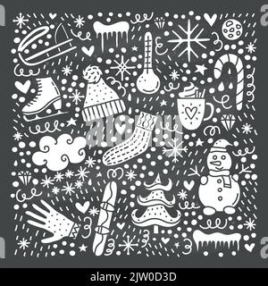 Icone invernali scarabocchio doodle isolato su sfondo lavagna. Illustrazione Vettoriale