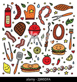 Carino doodle set di icone colorate barbecue isolato su sfondo bianco. Illustrazione Vettoriale