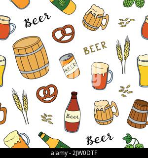 Modello senza cuciture con birra colorata disegnata a mano, brezel e scritte. Illustrazione Vettoriale