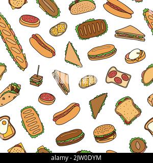 Motivo senza cuciture con panini e hamburger colorati disegnati a mano. Illustrazione Vettoriale