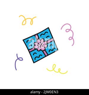 Carino doodle colorato presente scatola con arco e nastri isolati su sfondo bianco. Illustrazione Vettoriale