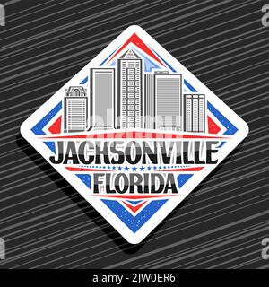 Logo vettoriale per Jacksonville, cartello stradale bianco rombo con linea raffigurante il paesaggio della città di jacksonville sullo sfondo del cielo, frigorifero decorativo Illustrazione Vettoriale