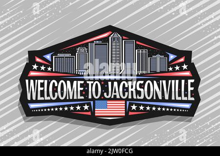 Logo vettoriale per Jacksonville, etichetta decorativa nera con illustrazione della linea del famoso paesaggio della città di jacksonville sullo sfondo del cielo crepuscolo, design d'arte frigorifero Illustrazione Vettoriale