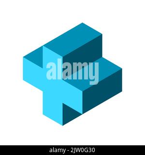 Croce blu 3D in cubetti. Segno più isometrico. Simbolo matematico. Operazione di aggiunta algebra. La metafora della religione cristiana. Forma geometrica. Illustrazione Vettoriale