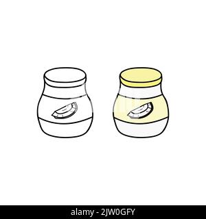 Contorno disegnato a mano e burro di cocco colorato o spalmato isolato su sfondo bianco. Illustrazione Vettoriale