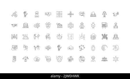 Illustrazione del concetto di realtà virtuale, icone lineari, set di segni di linea, raccolta di vettori Illustrazione Vettoriale