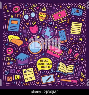 Set di doodle colorati corsi di lingua icone con linee, simboli intorno isolato su sfondo viola. Illustrazione Vettoriale