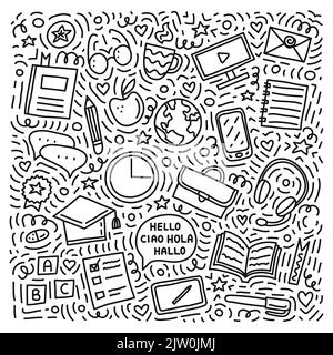 Insieme di doodle contorno corsi di lingua icone con linee, simboli intorno isolato su sfondo bianco. Illustrazione Vettoriale