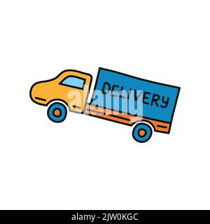 Camion di consegna colorato Doodle isolato su sfondo bianco. Illustrazione Vettoriale