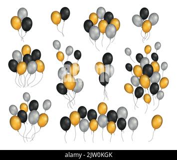 Mazzetti e gruppi di palloncini di elio dorato, nero e argento isolati su sfondo bianco. Illustrazione Vettoriale