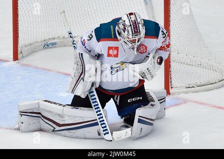 Trinec, Repubblica Ceca. 02nd Set, 2022. Peyton Jones (Belfast) in azione durante la Champions Hockey League, Gruppo H, partita HC Ocelari Trinec vs Belfast Giants, il 2 settembre 2022, a Trinec, Repubblica Ceca. Credit: Jaroslav Ozana/CTK Photo/Alamy Live News Foto Stock