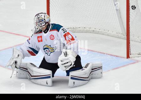 Trinec, Repubblica Ceca. 02nd Set, 2022. Peyton Jones (Belfast) riceve un gol durante la Champions Hockey League, Gruppo H, partita HC Ocelari Trinec vs Belfast Giants, il 2 settembre 2022, a Trinec, Repubblica Ceca. Credit: Jaroslav Ozana/CTK Photo/Alamy Live News Foto Stock