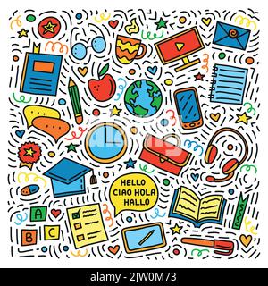 Set di icone colorate corsi di lingua doodle con linee, simboli intorno isolato su sfondo bianco. Illustrazione Vettoriale