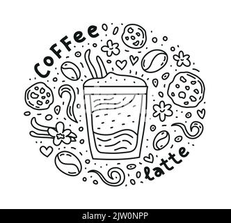 Poster con carino doodle latte caffè bevanda e fagioli, biscotti, spezie, puntini intorno. Illustrazione Vettoriale