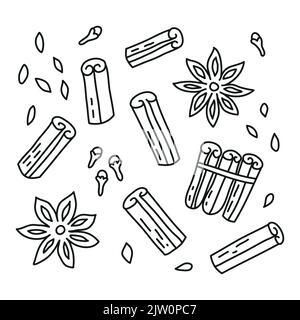 Set di barrette di cannella, semi e stelle a contorno di doodle isolate su sfondo bianco. Illustrazione Vettoriale