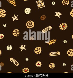 Motivo senza cuciture con biscotti colorati, waffle e caramelle. Illustrazione Vettoriale