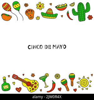 Poster con icone colorate del Cinco de mayo su sfondo bianco. Illustrazione Vettoriale