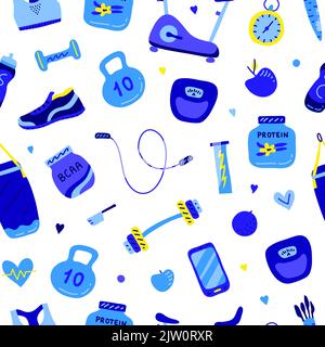Modello senza cuciture con colorfuldoodle palestra e icone fitness. Illustrazione Vettoriale