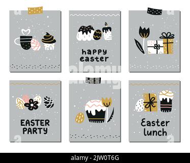 Carte carine con icone di pasqua doodle e scritte isolate su sfondo bianco. Illustrazione Vettoriale