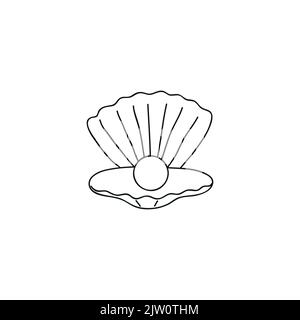 Doodle contorno perla in guscio aperto isolato su sfondo bianco. Illustrazione Vettoriale