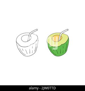 Contorno disegnato a mano e acqua verde di cocco colorata con paglia isolata su sfondo bianco. Illustrazione Vettoriale