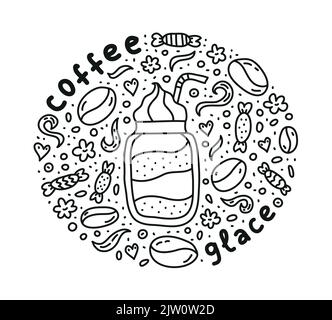 Poster con carino doodle glace caffè drink e fagioli, caramelle, spezie, puntini intorno. Illustrazione Vettoriale