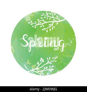 Cerchio verde acquerello con silhouette di rami d'albero e primavera scritta isolata su sfondo bianco. Illustrazione Vettoriale