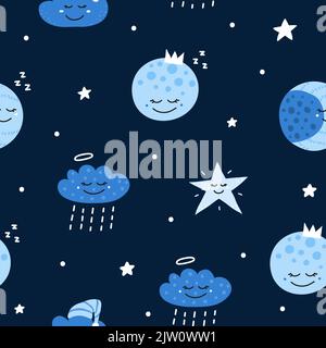 Grazioso motivo senza cuciture con luna, stelle e nuvole in stile scandinavo. Perfetto per il design dei bambini. Illustrazione Vettoriale