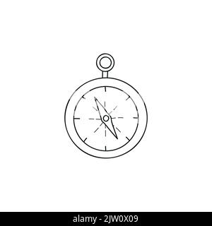 Icona della bussola con contorno a forma di Doodle isolata su sfondo bianco. Illustrazione Vettoriale